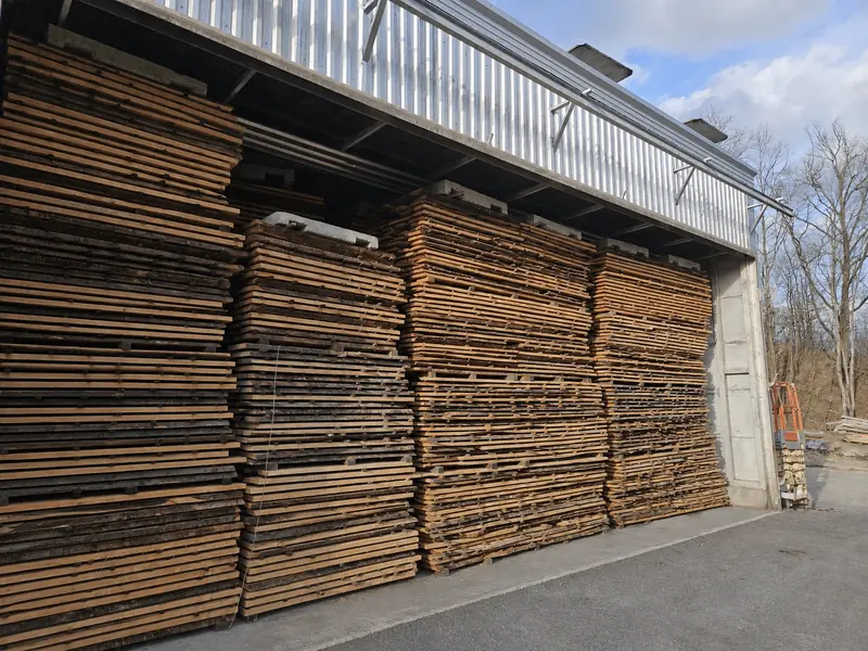 Worker beside a tall wall of timber stacked on stickers for air drying