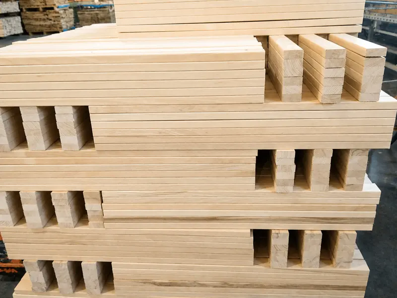 Close-up of layered packs of planed beech bed-base elements with eased edges