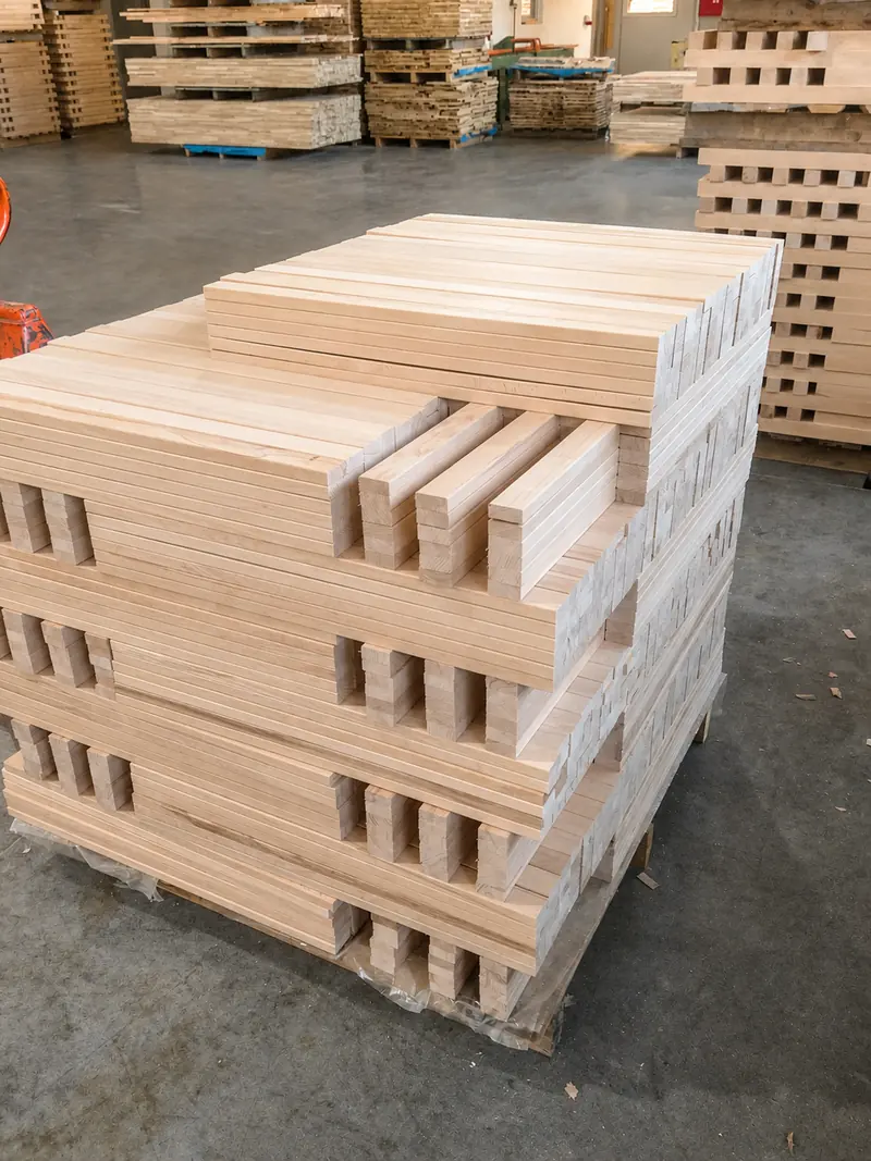 Pallet stacked with planed beech lattoflex slats and squared R3 bed-base elements in the production hall