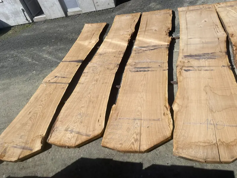 Wide live-edge oak slabs laid out side by side in the plant yard