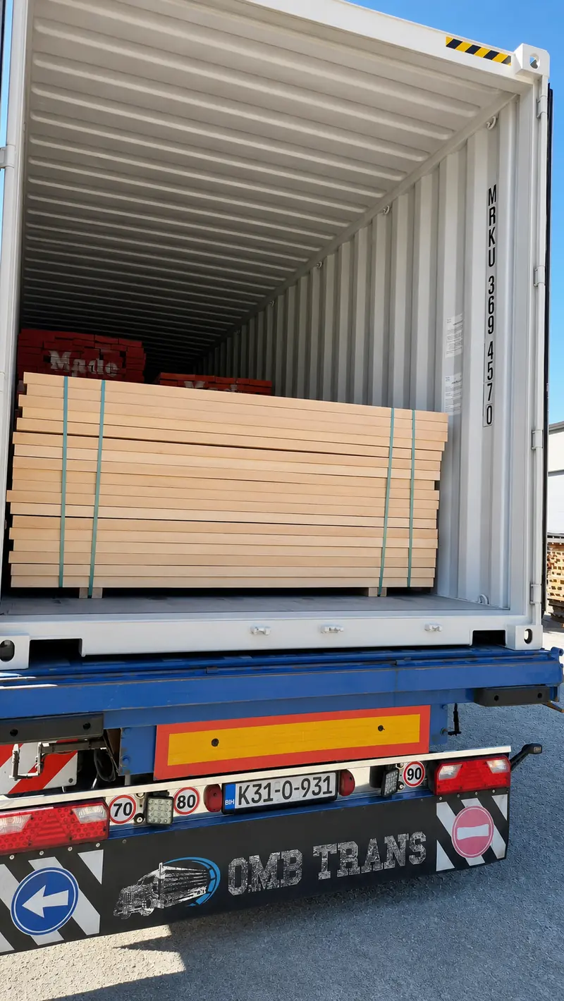 Container loaded with banded packs of cut-to-size lumber