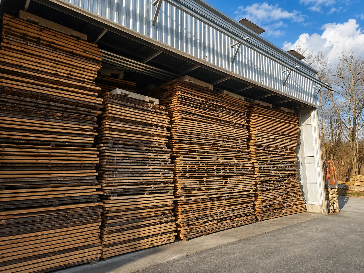 Wide view of timber stacked on stickers air-drying outside the Pašinac sawmill, showing industrial drying capacity