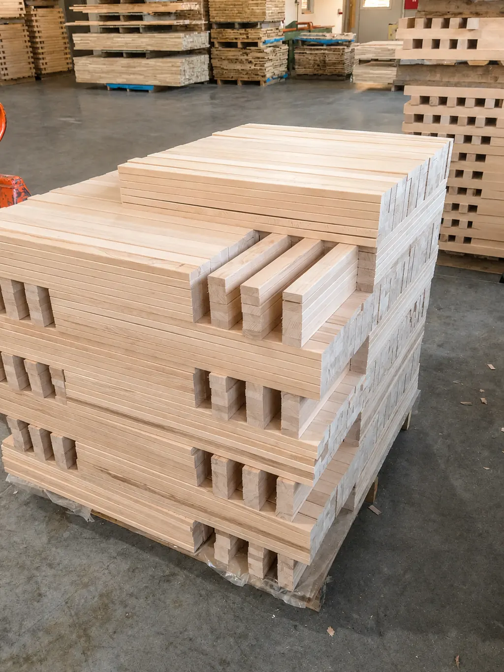 Palletised packs of planed beech lattoflex slats and R3 bed-base elements in the Pašinac hall
