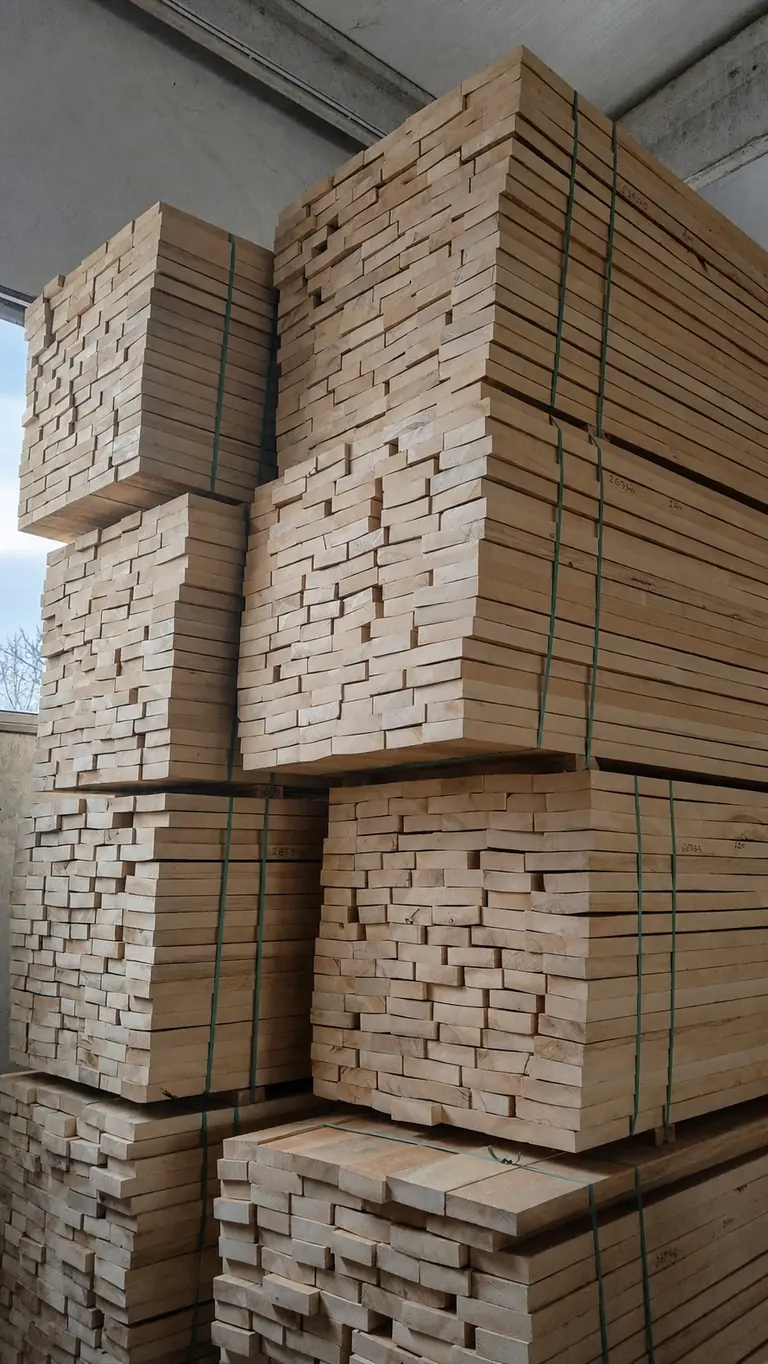 Banded stacks of kiln-dried beech boards and battens in the yard